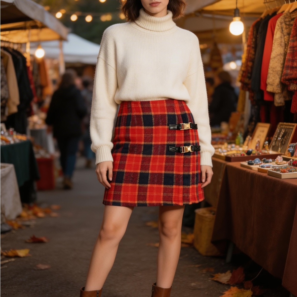 Chic Tartan Mini Skirt with Buckle Details